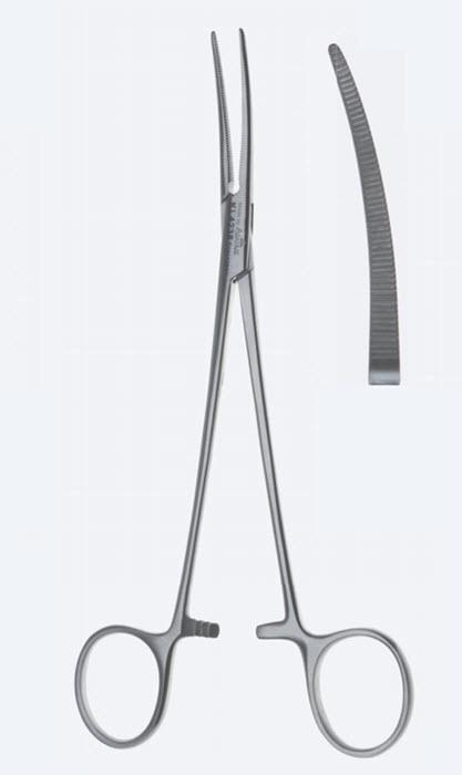 Зажими гемостатичні, Dunhill, делікатні, вигнуті, зубчаті щелепи, з кремальєрою, загальна довжина 190 мм. Бренд - Asanus Medizintechnik Gmb, Німеччина